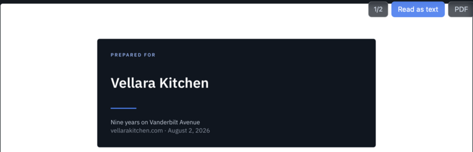 Sample deal room: the cover card of an accessibility remediation report prepared for a demo restaurant client, with a Read as text option and a PDF download.